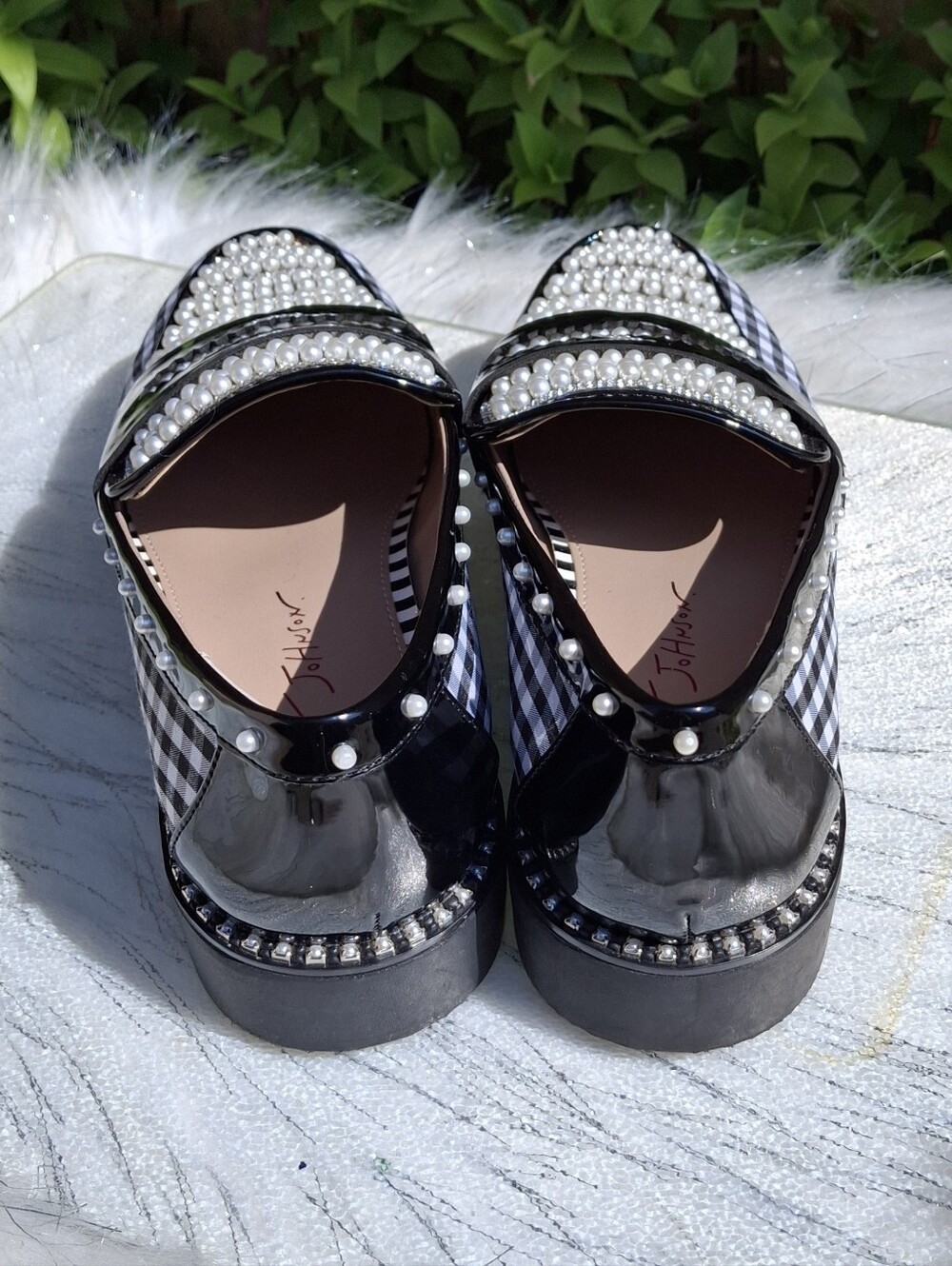 Betsey Johnson Darian Gingham Embellished Loafers Black & White Women Size 7 - Picture 14 of 16